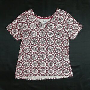 Croft & Barrow Pink White Floral V-Neck Classic Tee Size Large Cotton Casual Top